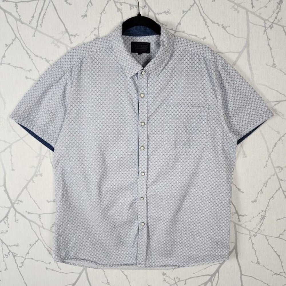Blumind White Blue Geometric Print 100% Cotton Pearl Snap Shirt